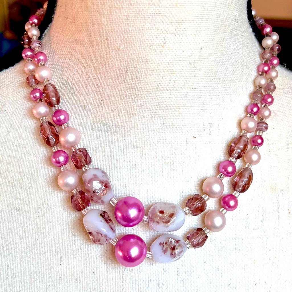 Japan Vintage Confetti Glass Crystals Pearls Double Strand Beaded Necklace 26$